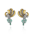 Platinum & Rose Gold Cabochon Green Emeralds And Diamond Brooch & Earrings Jewelry Set - The Back Vault