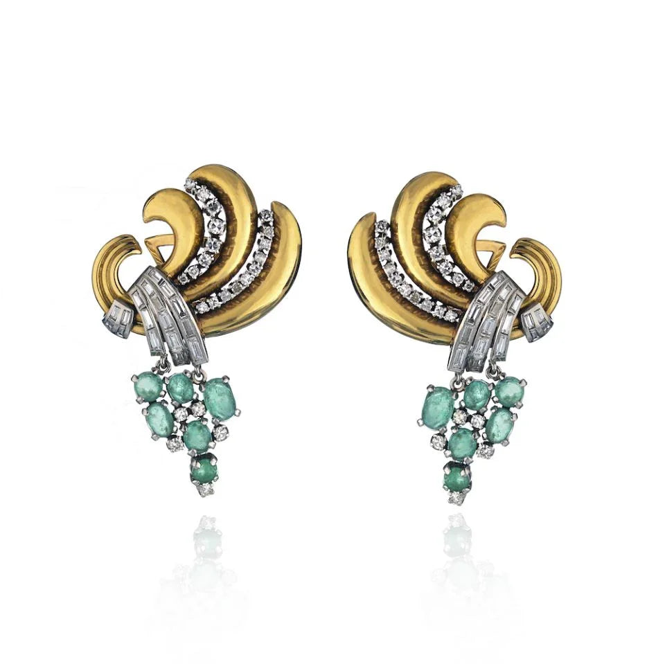 Platinum & Rose Gold Cabochon Green Emeralds And Diamond Brooch & Earrings Jewelry Set - The Back Vault