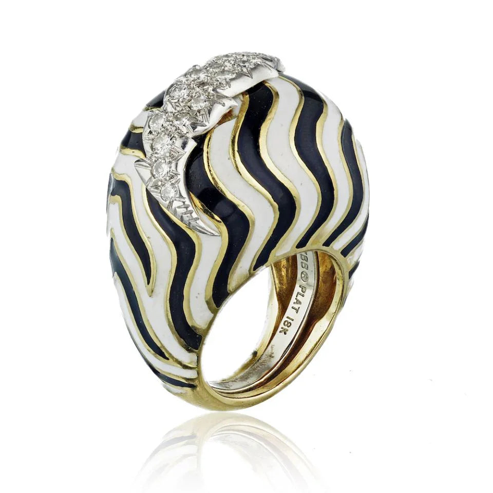 David Webb Platinum & 18K Yellow Gold Black and White Bombe Diamond Enamel Ring - The Back Vault