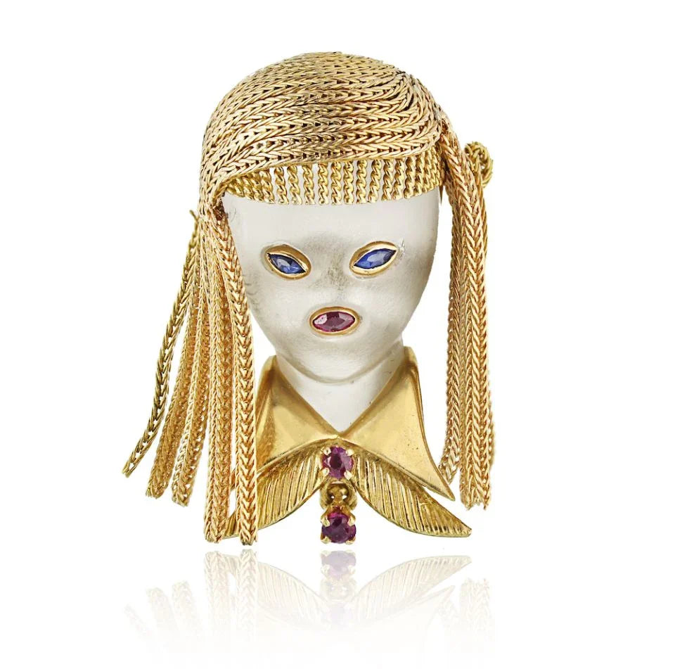 Van Cleef & Arpels Circa 1960's 18K Yellow Gold Female Visage Frosted Rock Crystal Brooch - The Back Vault