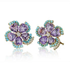 Circa 1950's 18K Yellow Gold Double Clip Turquoise & Amethyst Diamond Brooch - The Back Vault