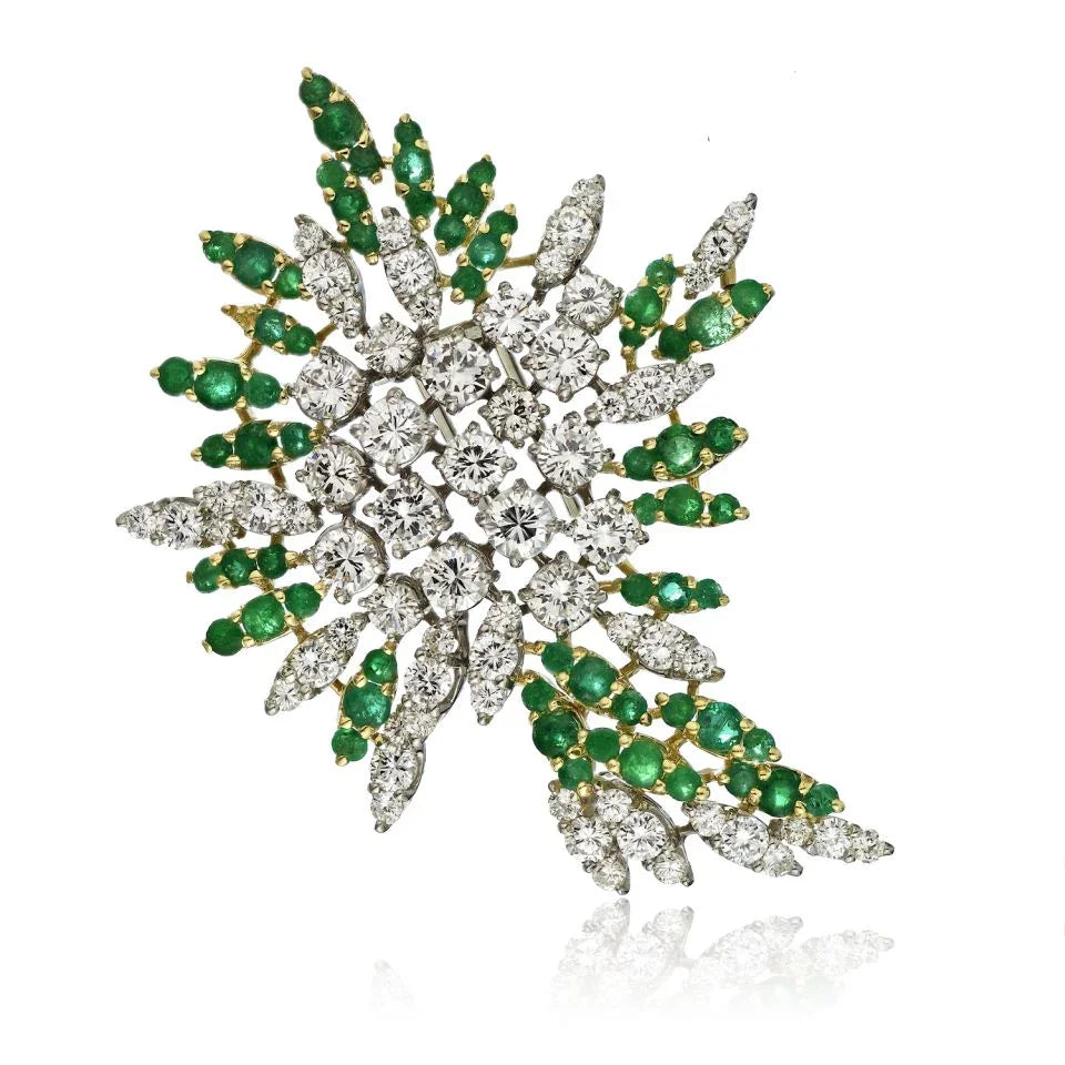 Platinum & 18K Yellow Gold Diamonds & Green Emerald Brooch - The Back Vault
