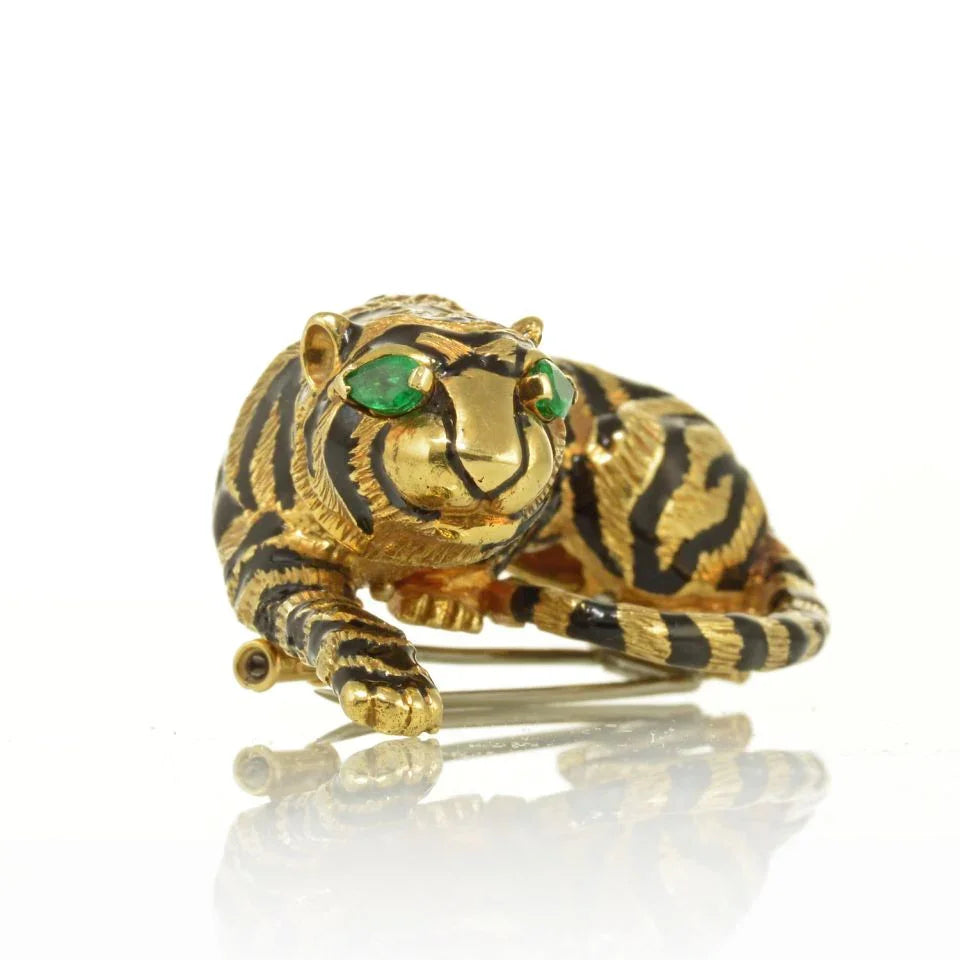 David Webb Tiger 18K Yellow Gold With Green Emerald Eyes Brooch - The Back Vault