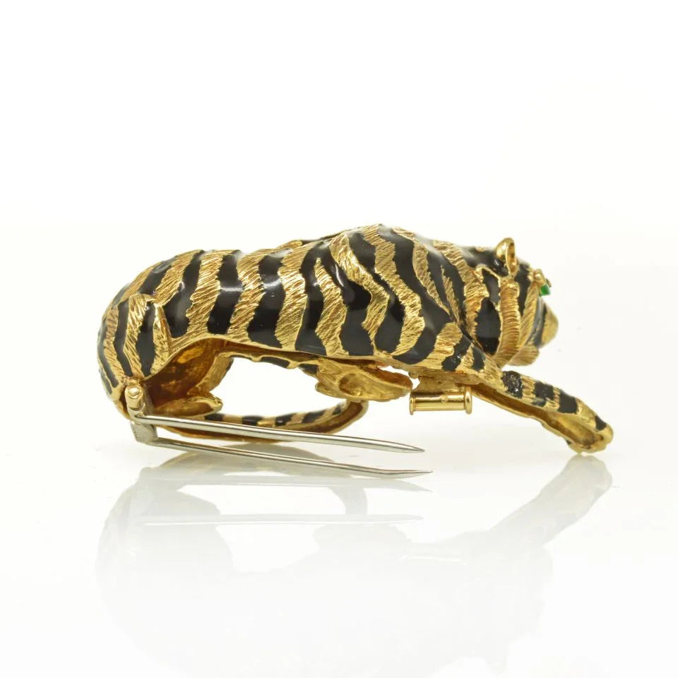 David Webb Tiger 18K Yellow Gold With Green Emerald Eyes Brooch - The Back Vault