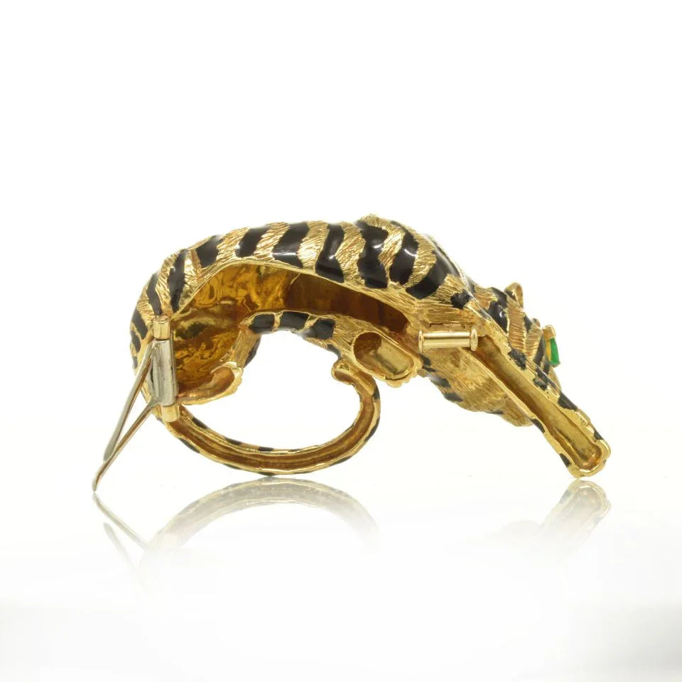David Webb Tiger 18K Yellow Gold With Green Emerald Eyes Brooch - The Back Vault