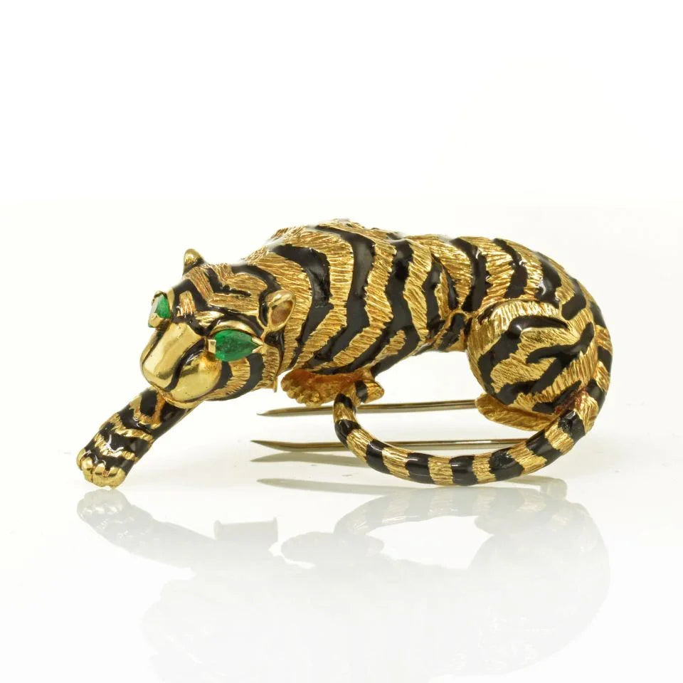 David Webb Tiger 18K Yellow Gold With Green Emerald Eyes Brooch - The Back Vault