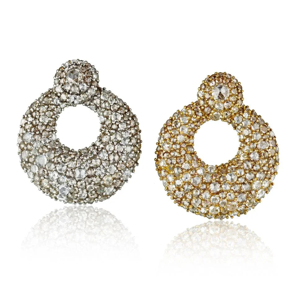 18K Two Tone 70 Carats Rose Cut Diamond Round Cluster Earrings - The Back Vault
