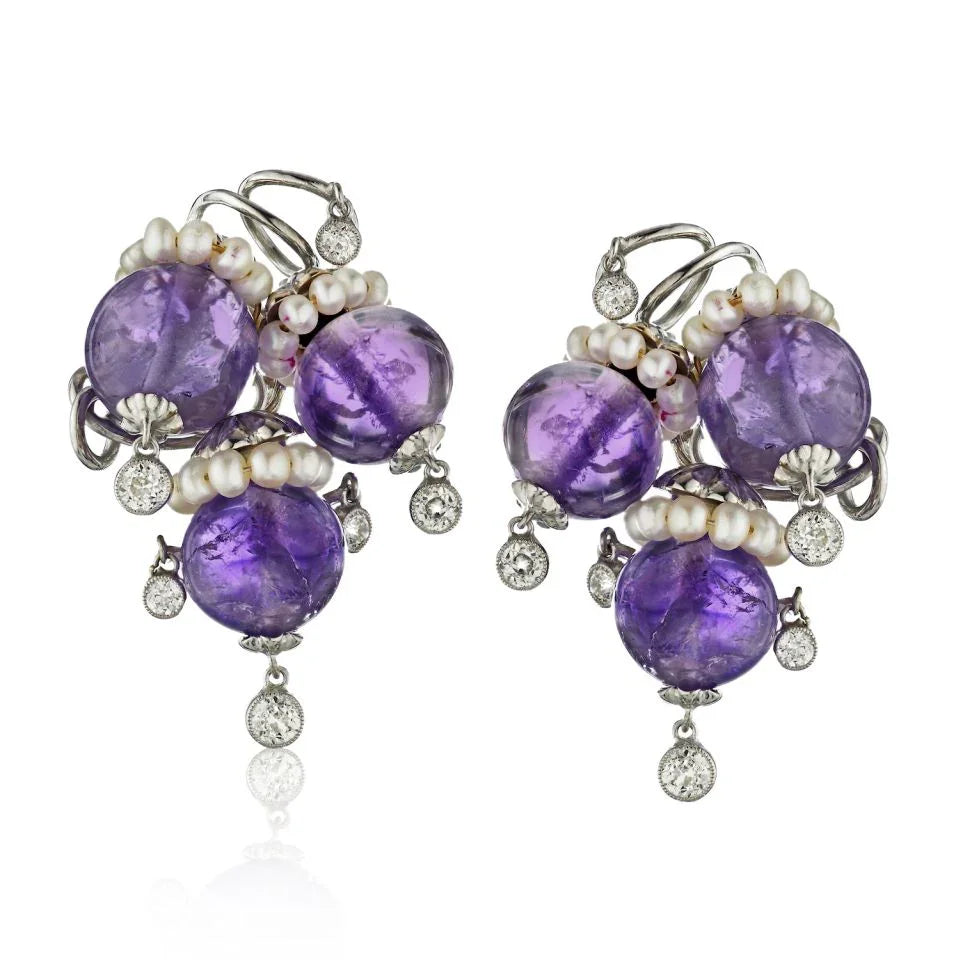 Seaman Schepps Circa 1950's 14K White Gold Amethyst, Diamond and Pearl Earrings - The Back Vault