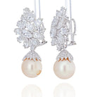 Platinum 26 carats Diamond Cluster And Pearl Drop Earrings - The Back Vault