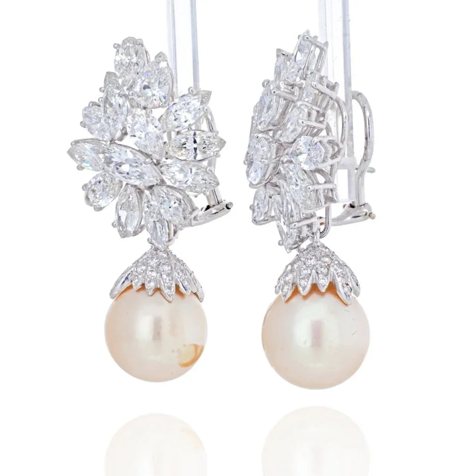 Platinum 26 carats Diamond Cluster And Pearl Drop Earrings - The Back Vault