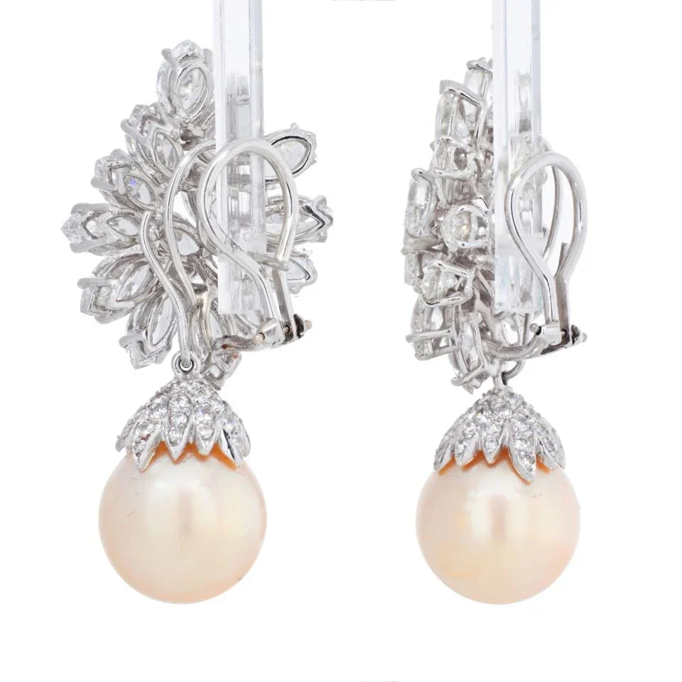 Platinum 26 carats Diamond Cluster And Pearl Drop Earrings - The Back Vault
