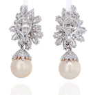 Platinum 26 carats Diamond Cluster And Pearl Drop Earrings - The Back Vault