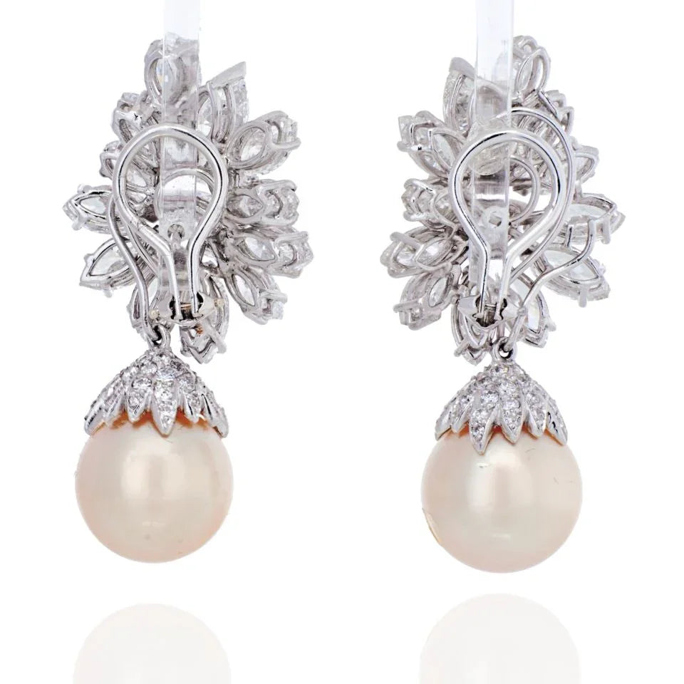 Platinum 26 carats Diamond Cluster And Pearl Drop Earrings - The Back Vault