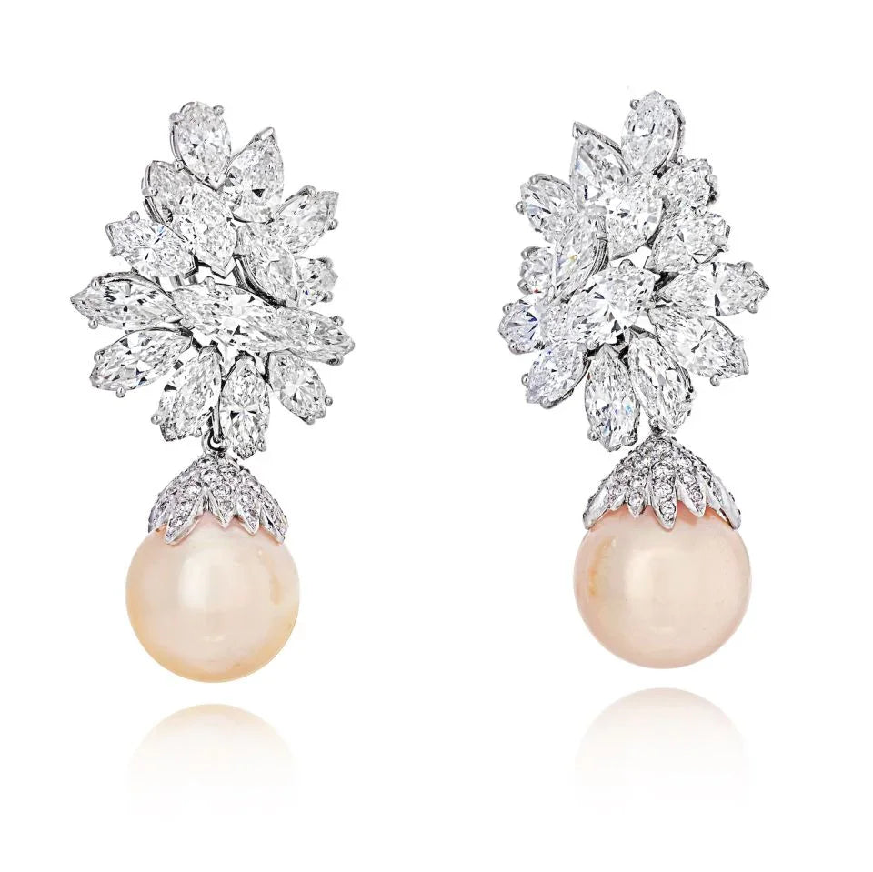 Platinum 26 carats Diamond Cluster And Pearl Drop Earrings - The Back Vault