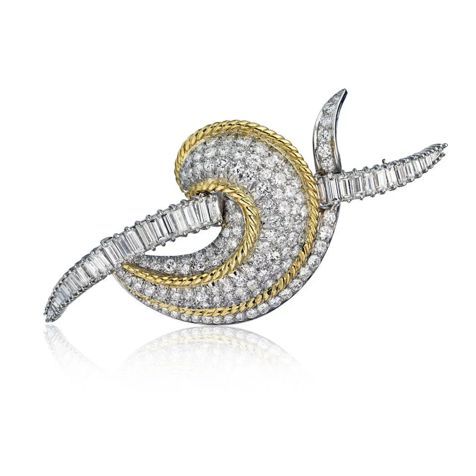 Circa 1970's Platinum & 18K Yellow Gold 8 carat Diamond Scroll Brooch - The Back Vault