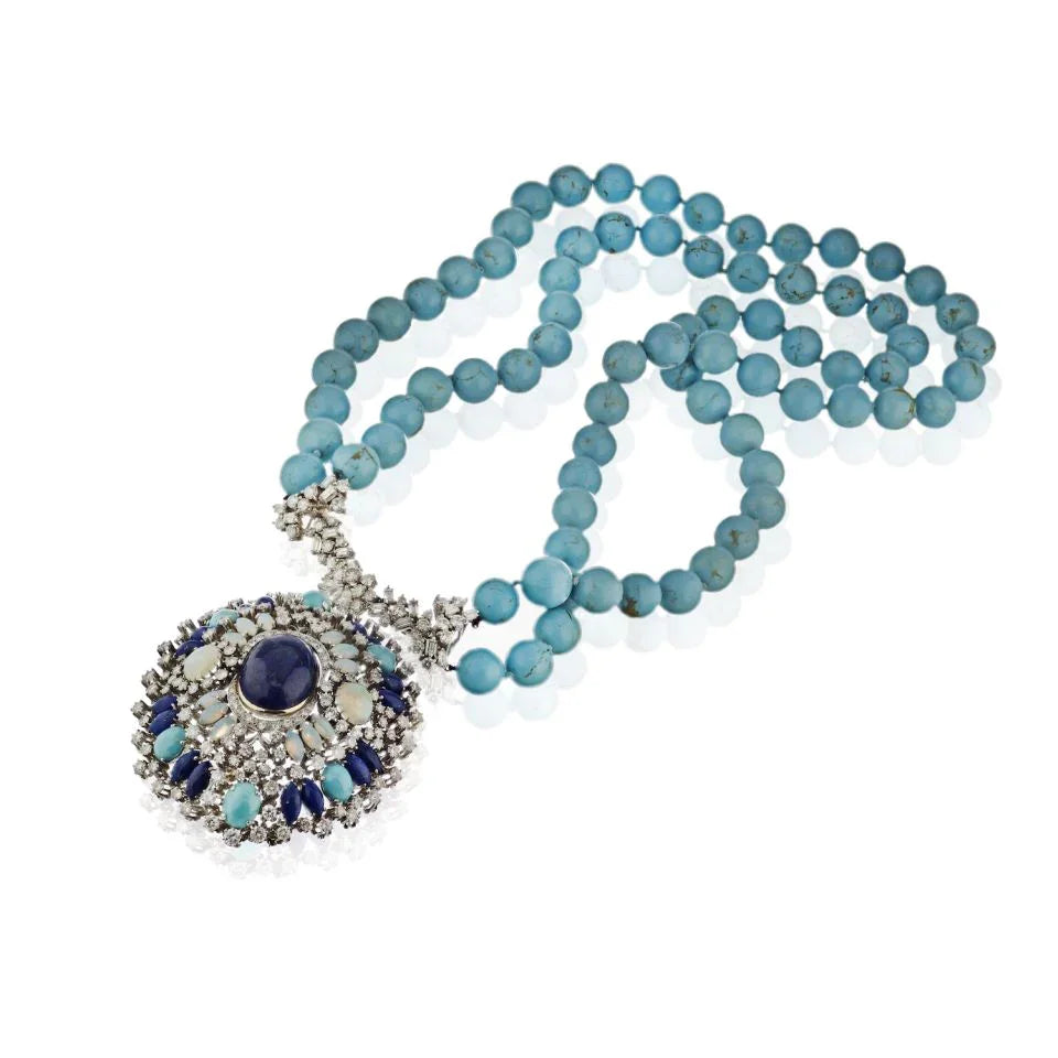 14K White Gold Turquoise, Sapphires, Diamonds, Opals Necklace - The Back Vault
