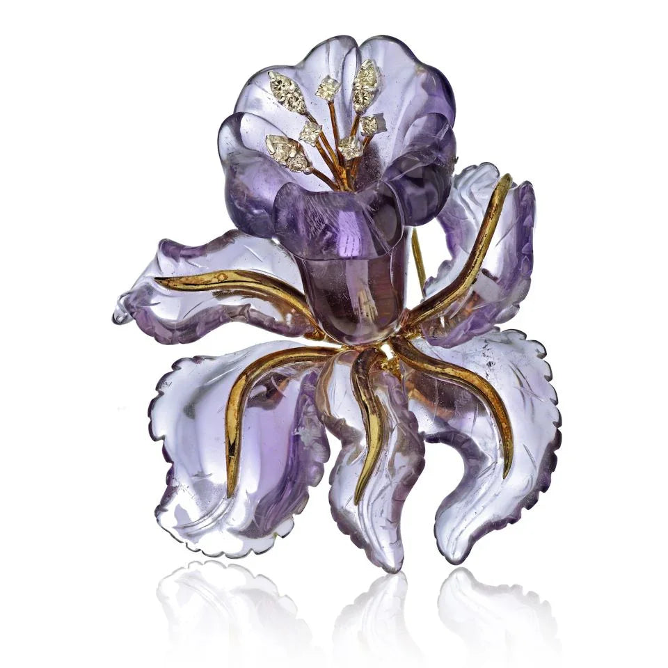 14K Yellow Gold Amethyst Flower Brooch & Earrings Jewelry Set - The Back Vault