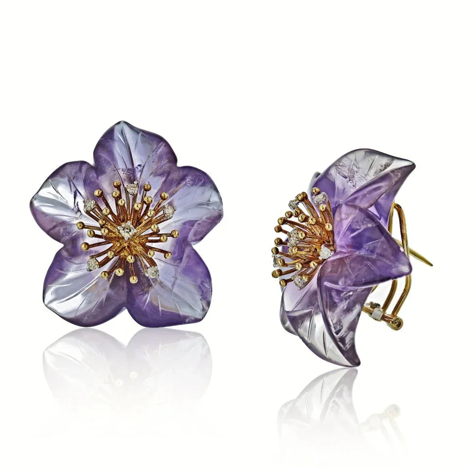 14K Yellow Gold Amethyst Flower Brooch & Earrings Jewelry Set - The Back Vault