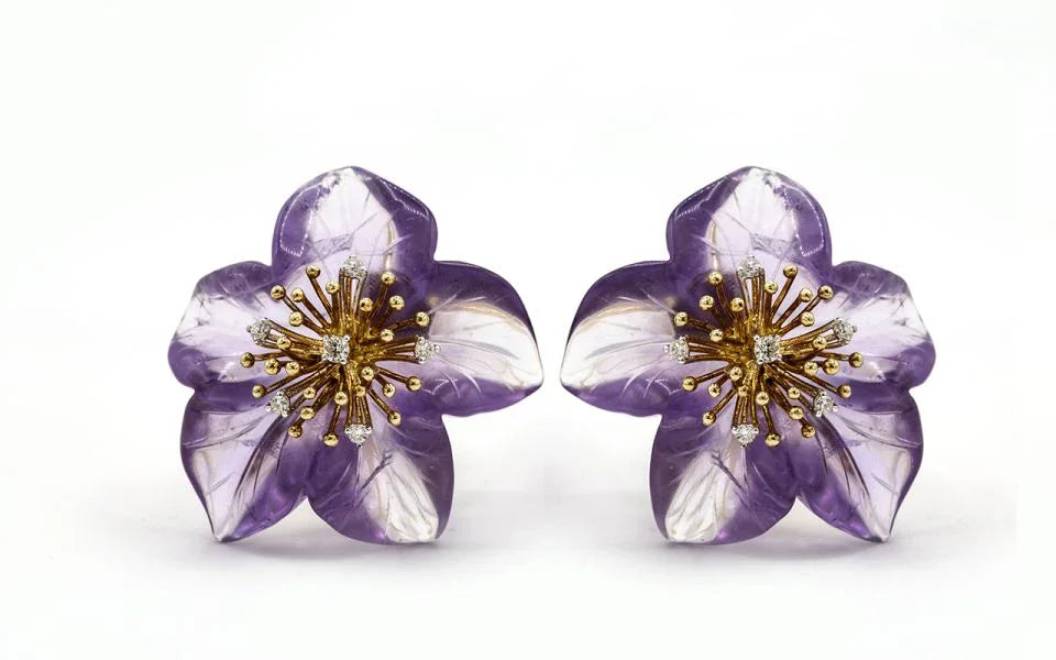 14K Yellow Gold Amethyst Flower Brooch & Earrings Jewelry Set - The Back Vault