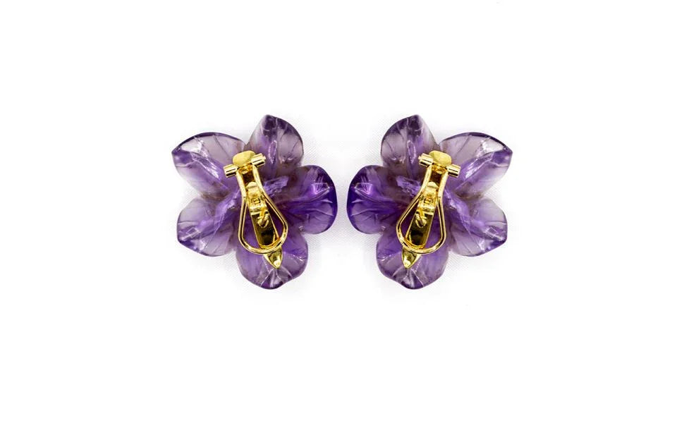 14K Yellow Gold Amethyst Flower Brooch & Earrings Jewelry Set - The Back Vault