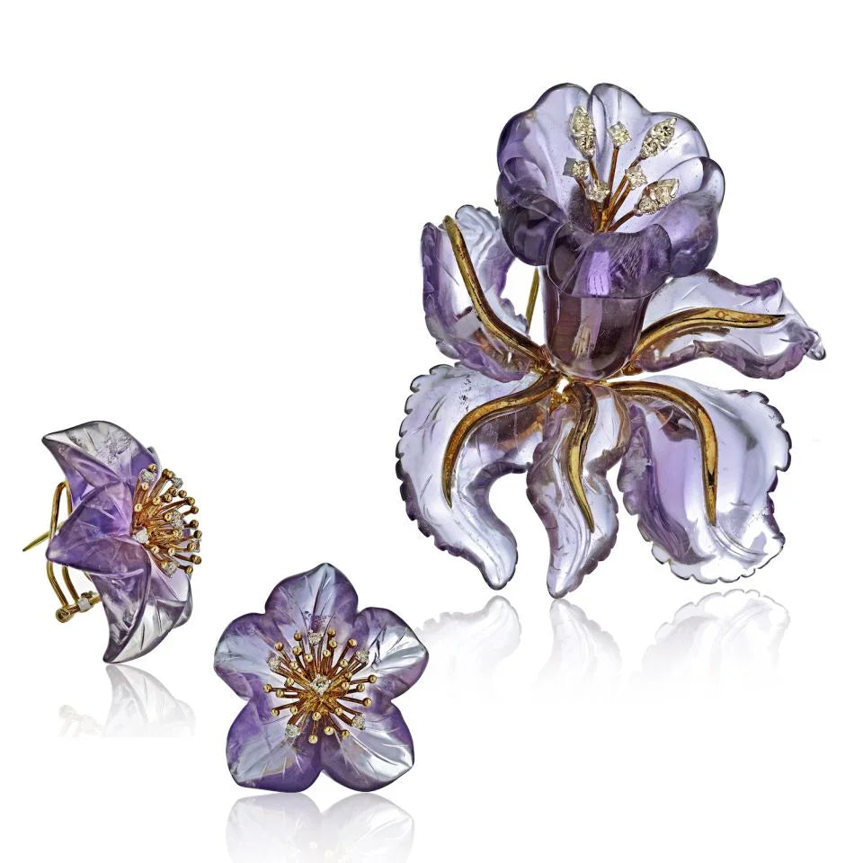 14K Yellow Gold Amethyst Flower Brooch & Earrings Jewelry Set - The Back Vault