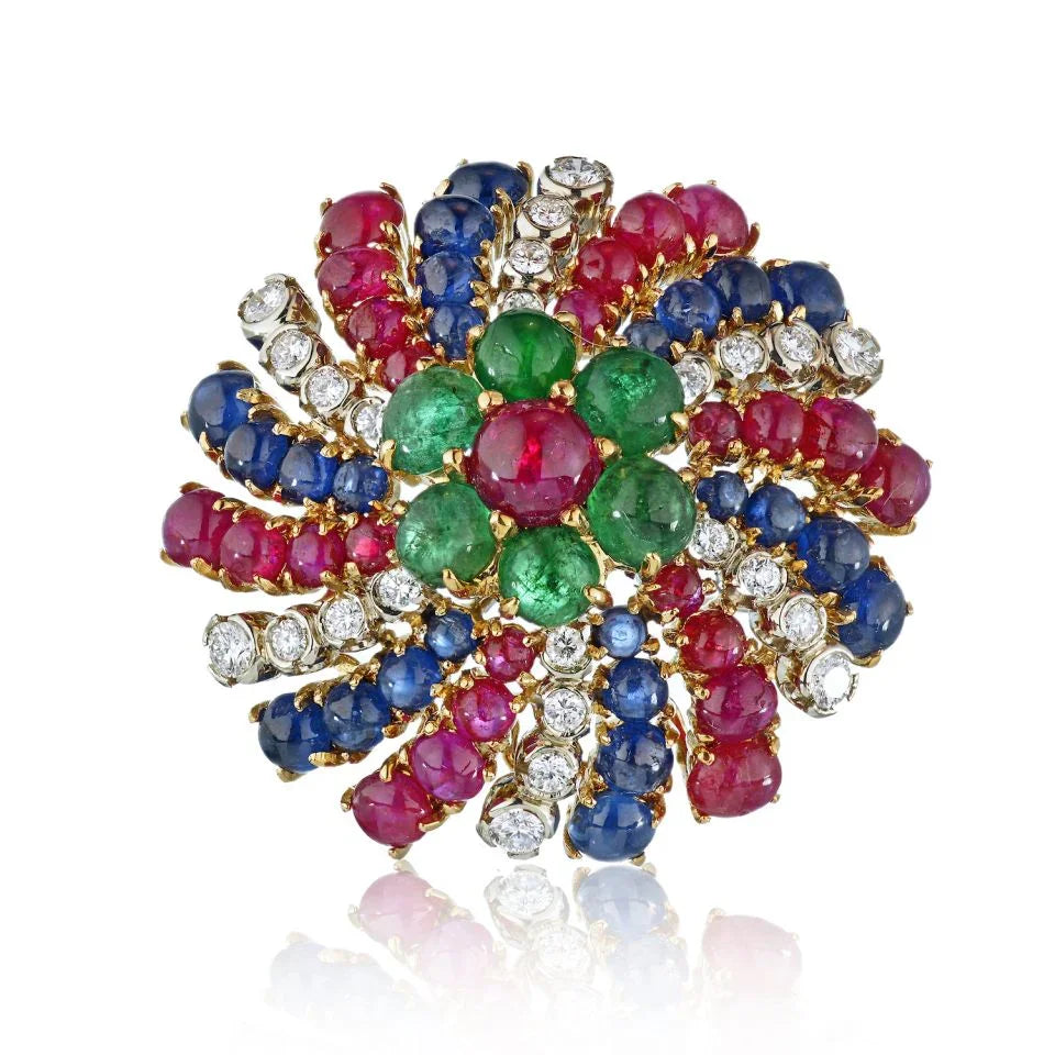 18K Yellow Gold Diamonds, Sapphire & Emeralds Earrings And A Brooch Jewelry Set - The Back Vault