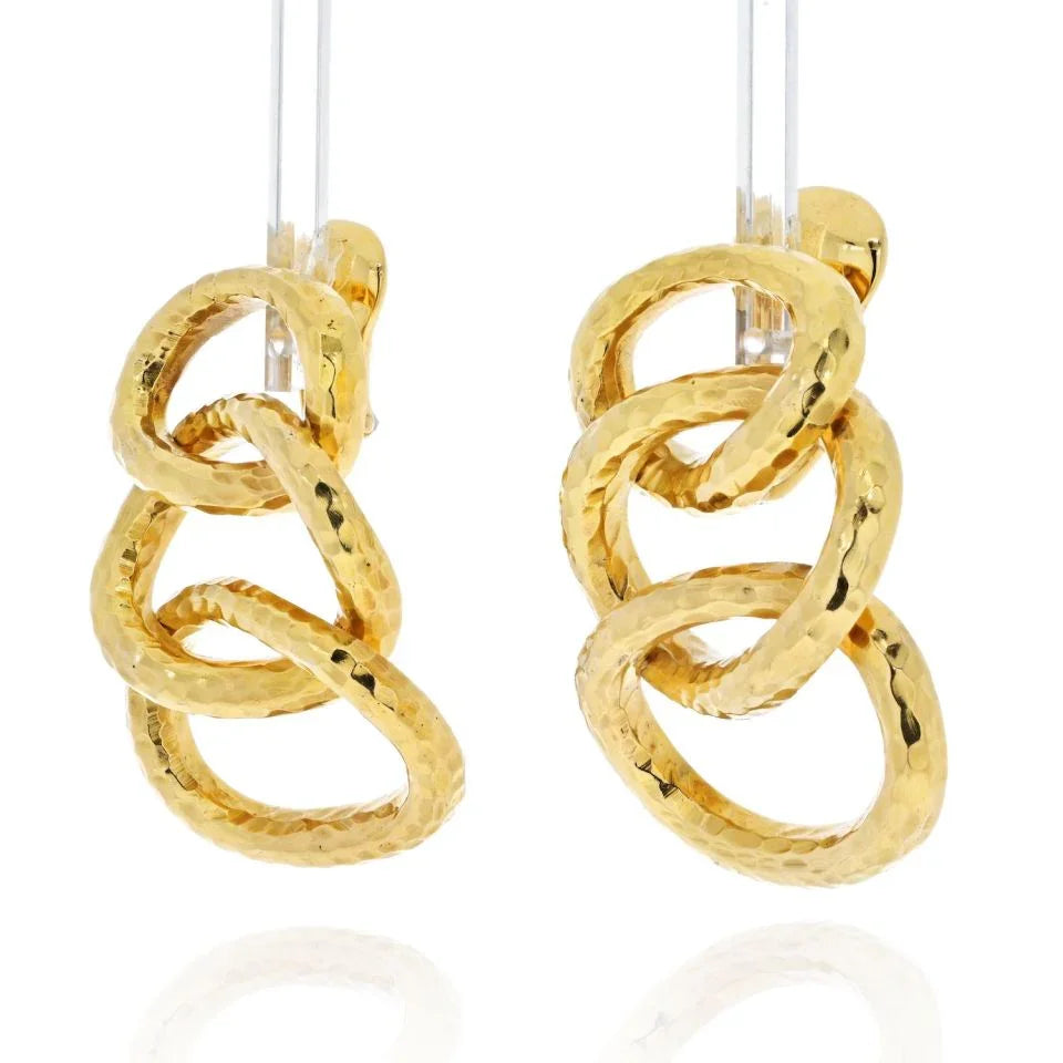 David Webb 1970's Platinum & 18K Yellow Gold Hammered Triple Hoop Clip-On Earrings - The Back Vault