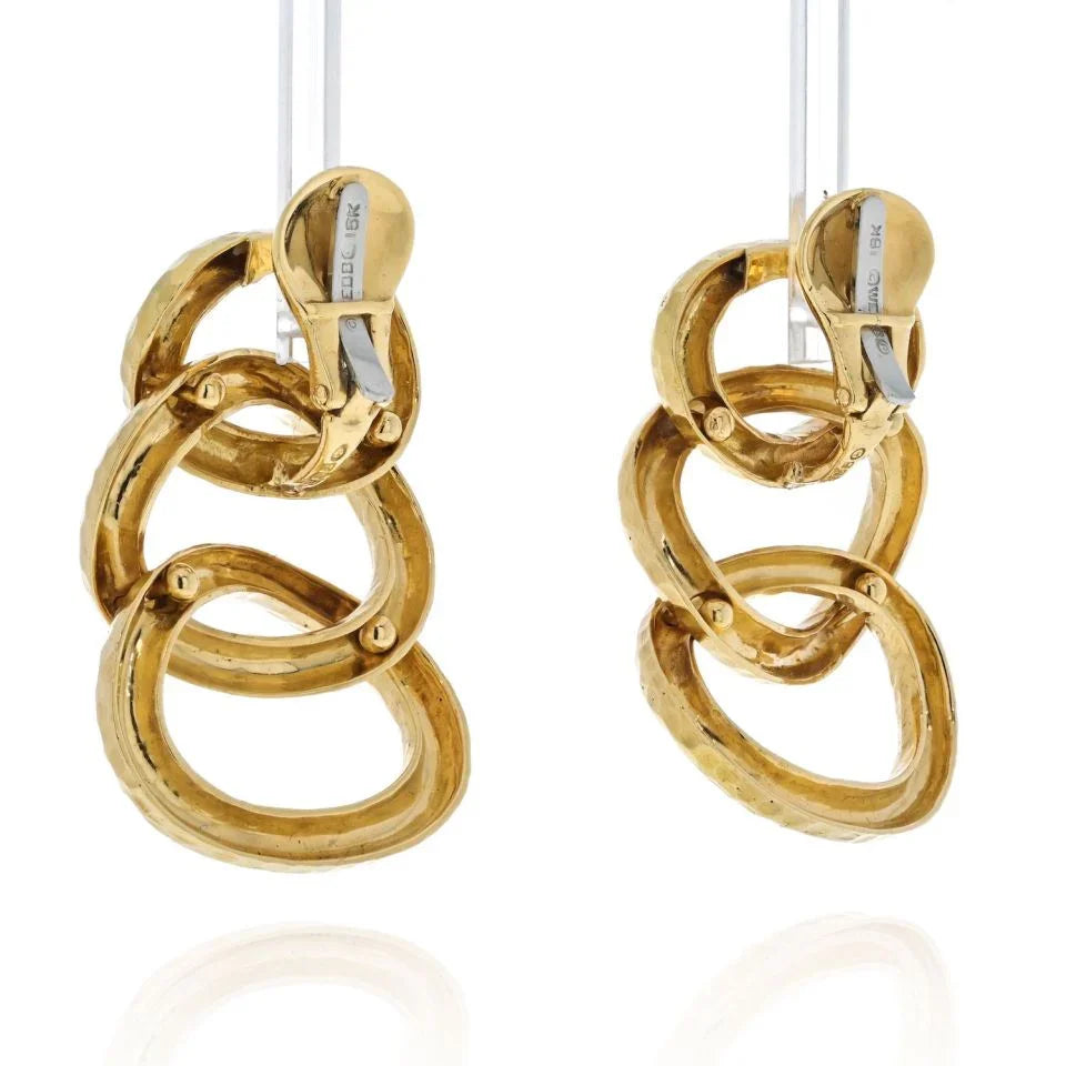 David Webb 1970's Platinum & 18K Yellow Gold Hammered Triple Hoop Clip-On Earrings - The Back Vault
