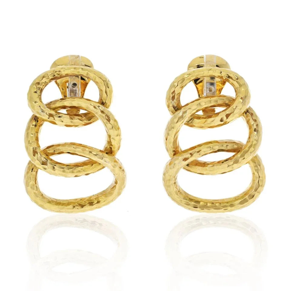 David Webb 1970's Platinum & 18K Yellow Gold Hammered Triple Hoop Clip-On Earrings - The Back Vault