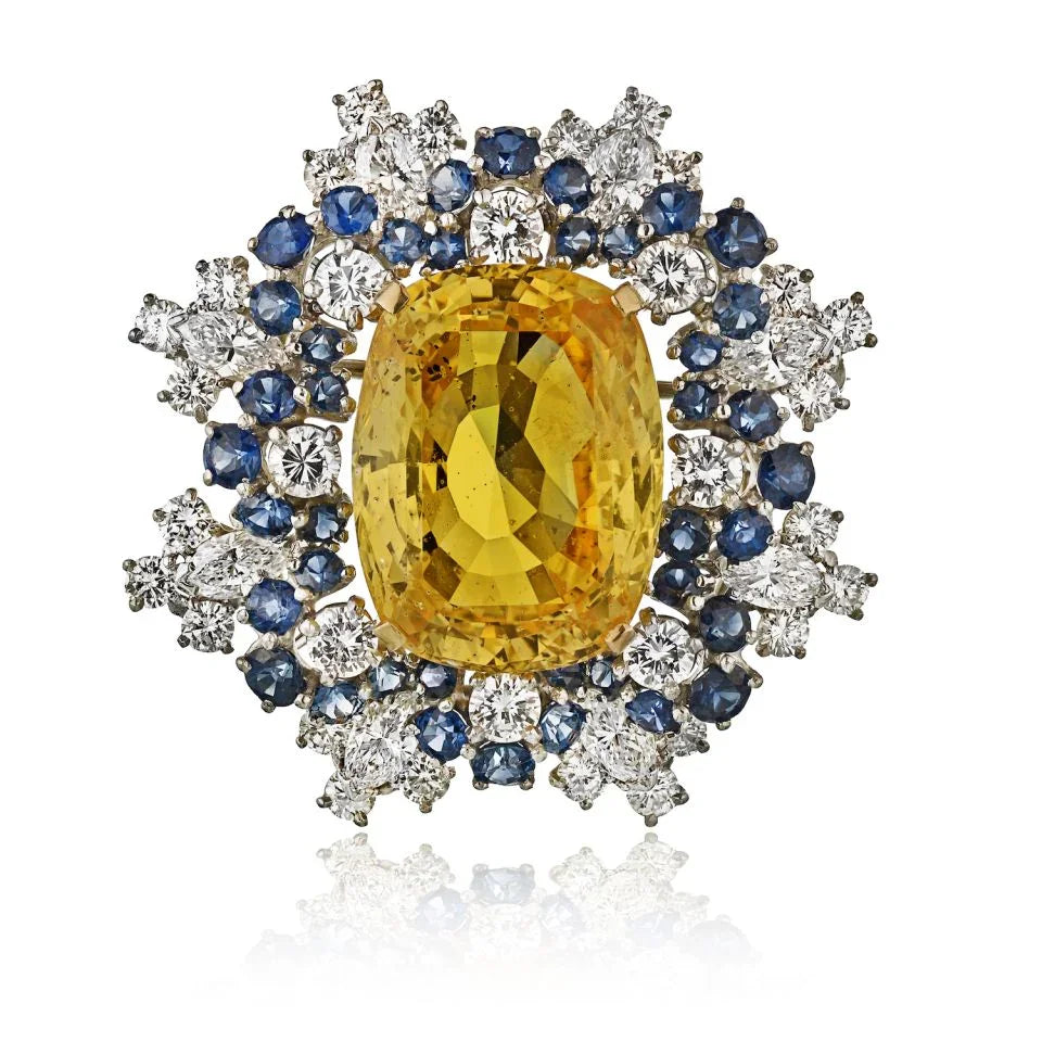 Oscar Heyman 1970's Platinum & 18K Yellow Gold 31.97 Yellow Sapphire & Diamond Brooch - The Back Vault