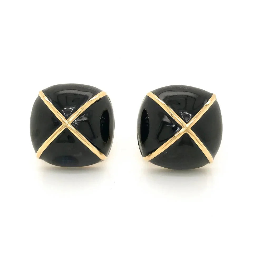 David Webb Platinum & 18K Yellow Gold Black Enamel Large Square Cushion Shape Clip-On Earrings - The Back Vault