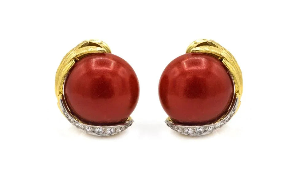 David Webb Platinum & 18K Yellow Gold Domed Coral Diamond Earrings - The Back Vault