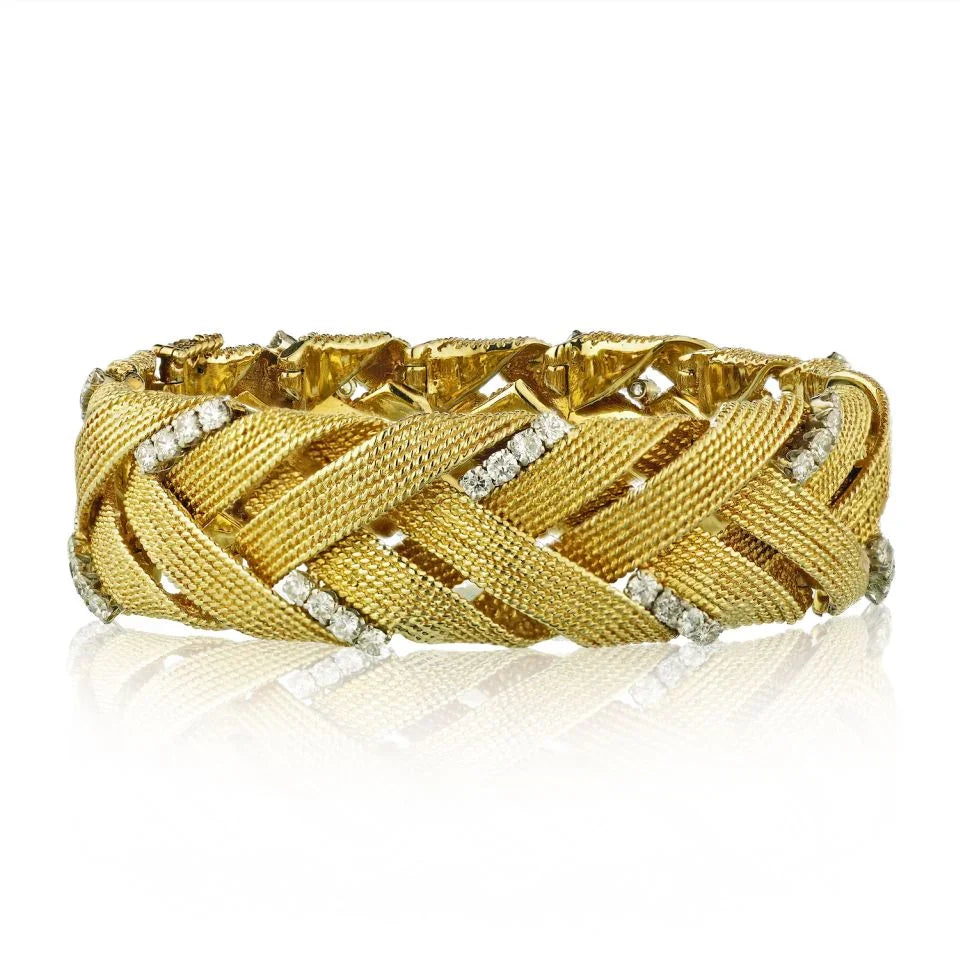 David Webb Platinum & 18K Yellow Gold Vintage Woven Gold with Diamonds Bracelet - The Back Vault