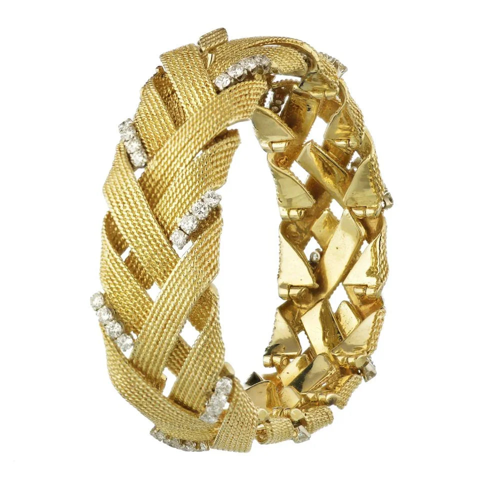 David Webb Platinum & 18K Yellow Gold Vintage Woven Gold with Diamonds Bracelet - The Back Vault