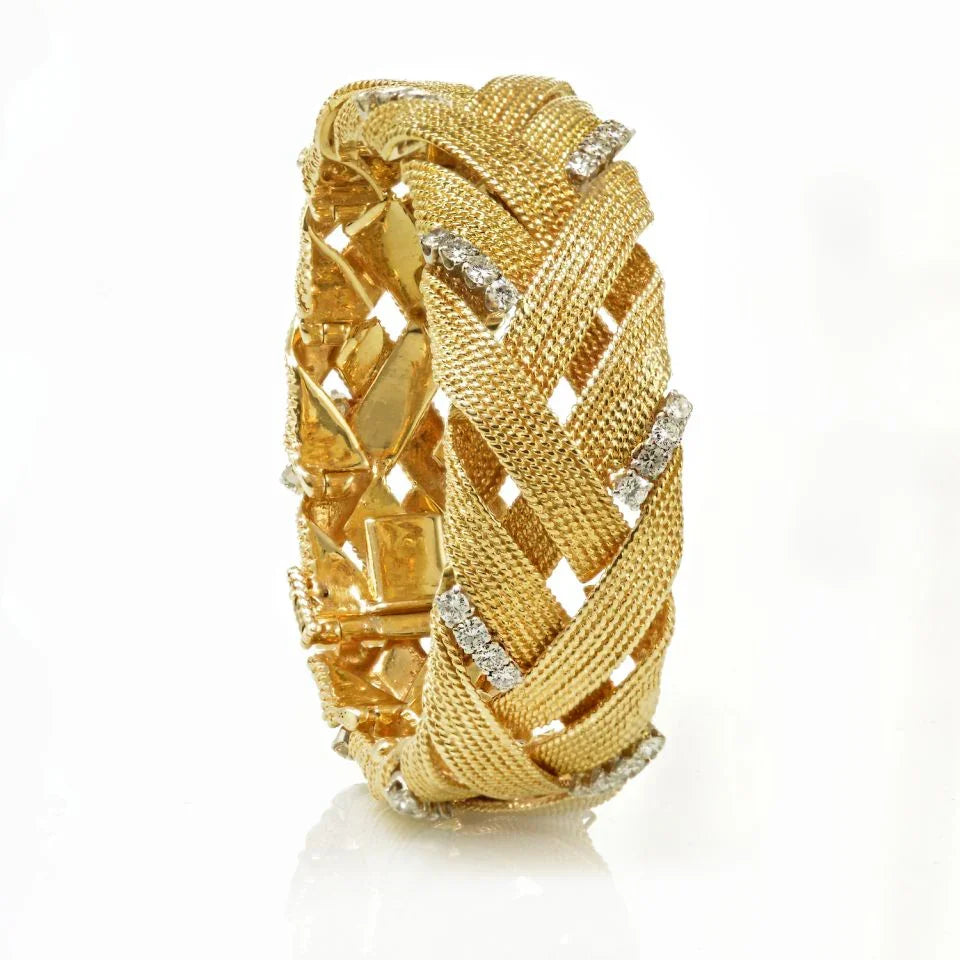 David Webb Platinum & 18K Yellow Gold Vintage Woven Gold with Diamonds Bracelet - The Back Vault