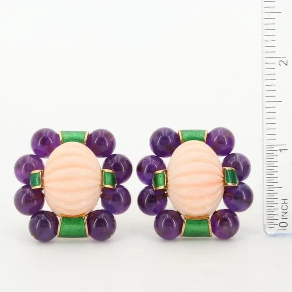 David Webb 18K Yellow Gold Amethyst & Coral With Enamel Earrings - The Back Vault