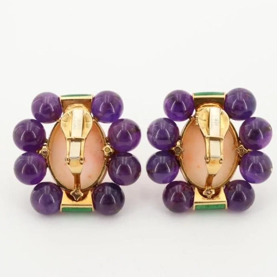 David Webb 18K Yellow Gold Amethyst & Coral With Enamel Earrings - The Back Vault