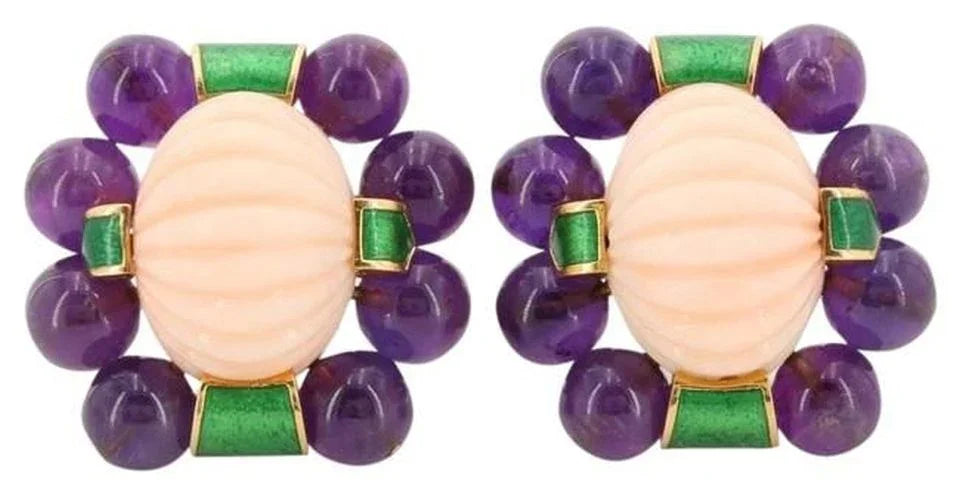 David Webb 18K Yellow Gold Amethyst & Coral With Enamel Earrings - The Back Vault