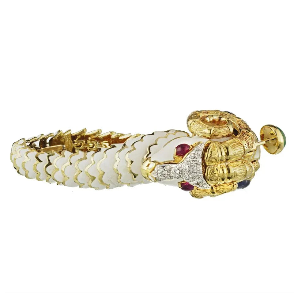 David Webb Kingdom Platinum & 18K Yellow Gold White Enamel Aries Ram Bracelet - The Back Vault