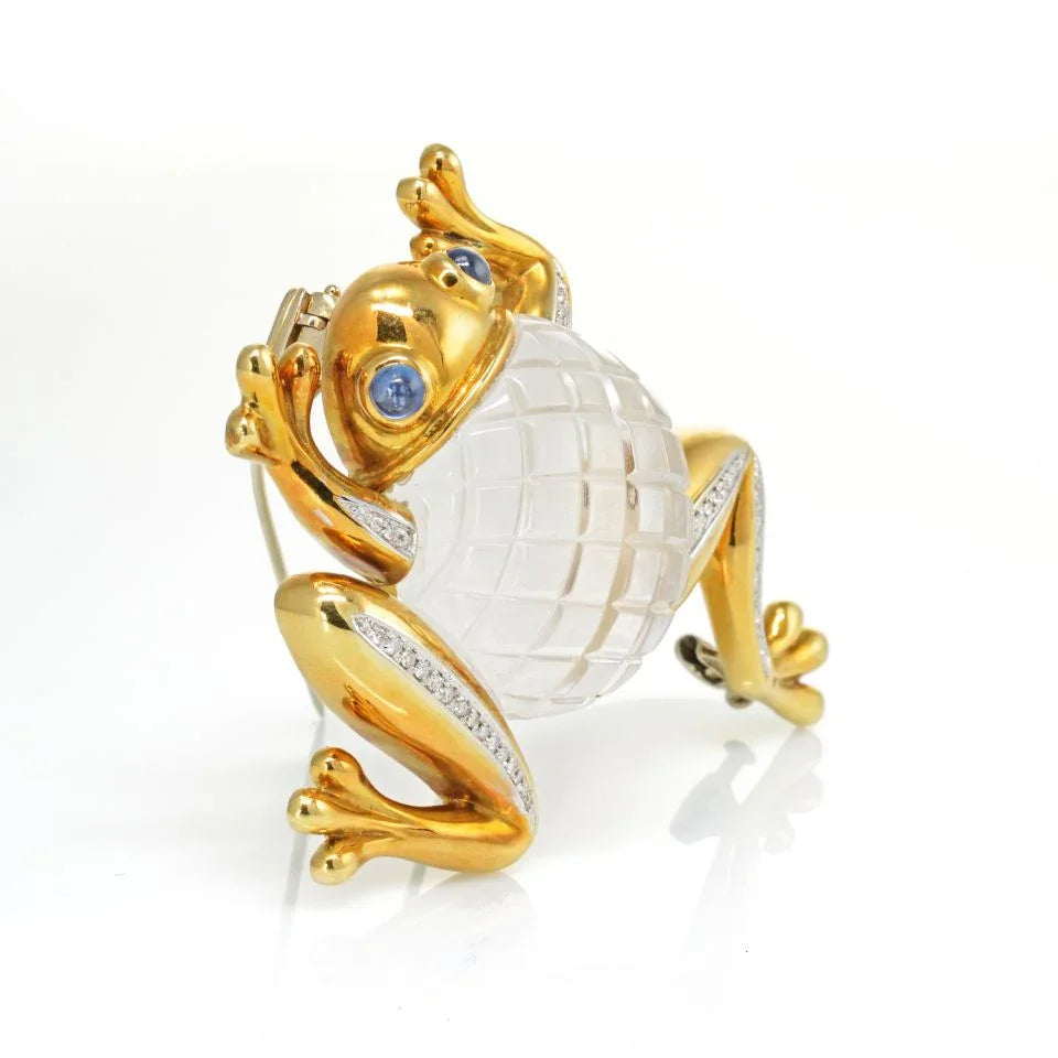 David Webb Kingdom 18K Yellow Gold Rock Crystal Frog Brooch - The Back Vault