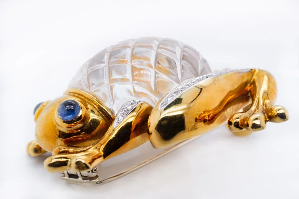 David Webb Kingdom 18K Yellow Gold Rock Crystal Frog Brooch - The Back Vault