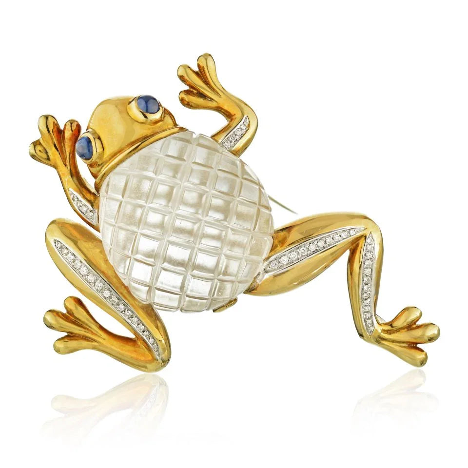 David Webb Kingdom 18K Yellow Gold Rock Crystal Frog Brooch - The Back Vault
