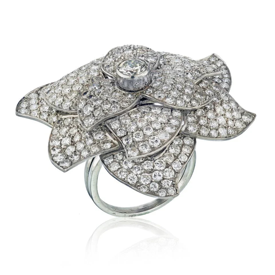 1940's Platinum Pave Diamond Cluster Flower Ring - The Back Vault