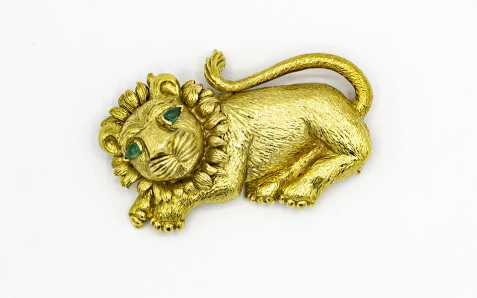 David Webb Lion Platinum & 18K Yellow Gold with Green Emerald Eyes Brooch - The Back Vault