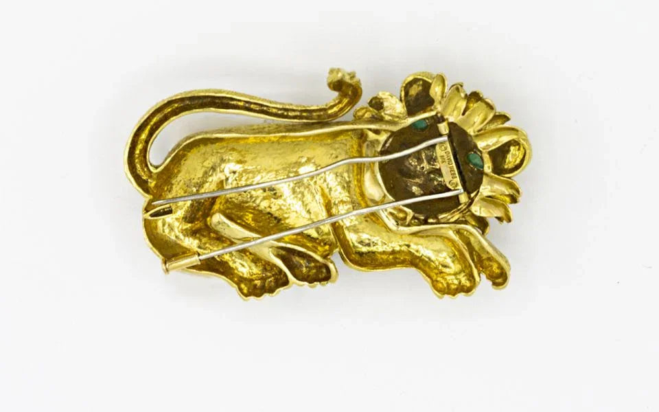 David Webb Lion Platinum & 18K Yellow Gold with Green Emerald Eyes Brooch - The Back Vault