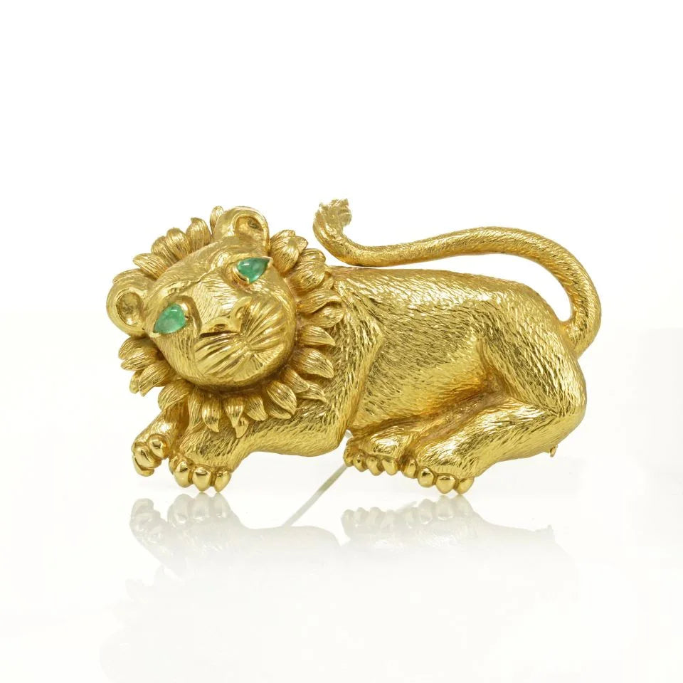 David Webb Lion Platinum & 18K Yellow Gold with Green Emerald Eyes Brooch - The Back Vault