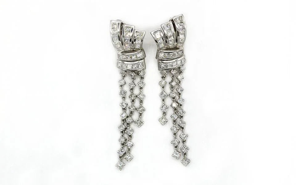 Hanging 18K White Gold 10 carat Princess Cut Diamond Drop Earrings - The Back Vault