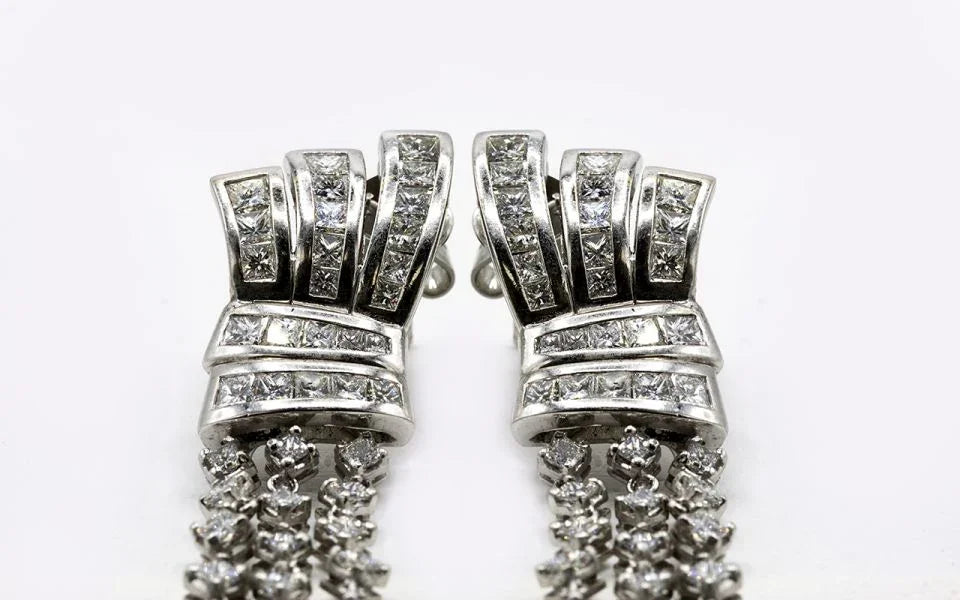 Hanging 18K White Gold 10 carat Princess Cut Diamond Drop Earrings - The Back Vault