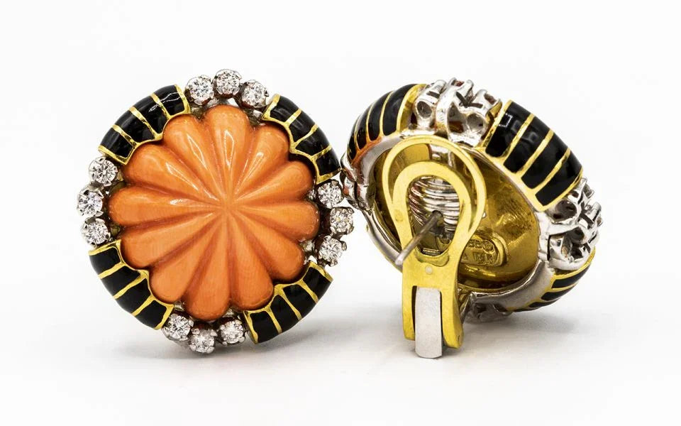David Webb Coral Platinum & 18K Yellow Gold Black Enamel And Diamond Earrings - The Back Vault