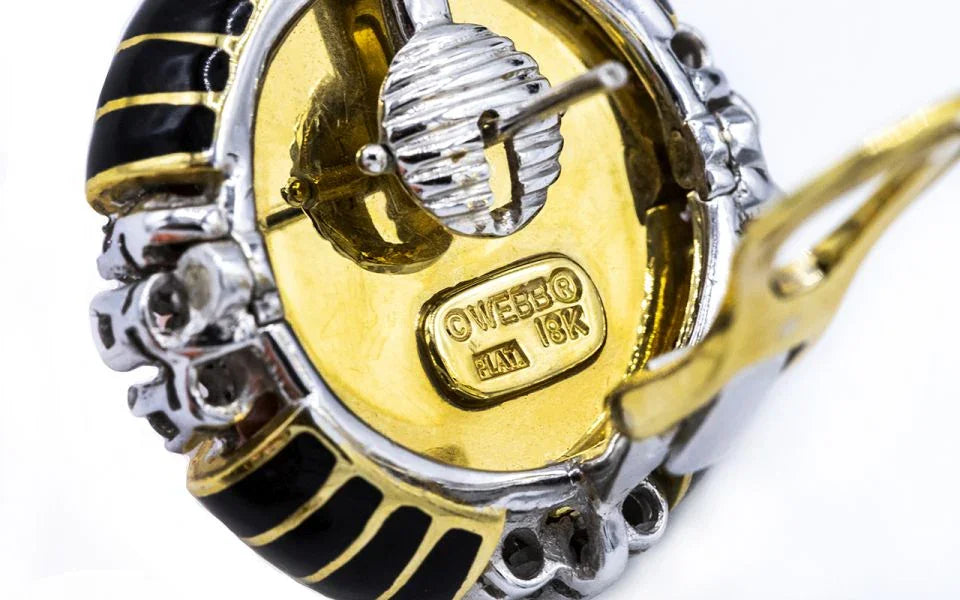 David Webb Coral Platinum & 18K Yellow Gold Black Enamel And Diamond Earrings - The Back Vault